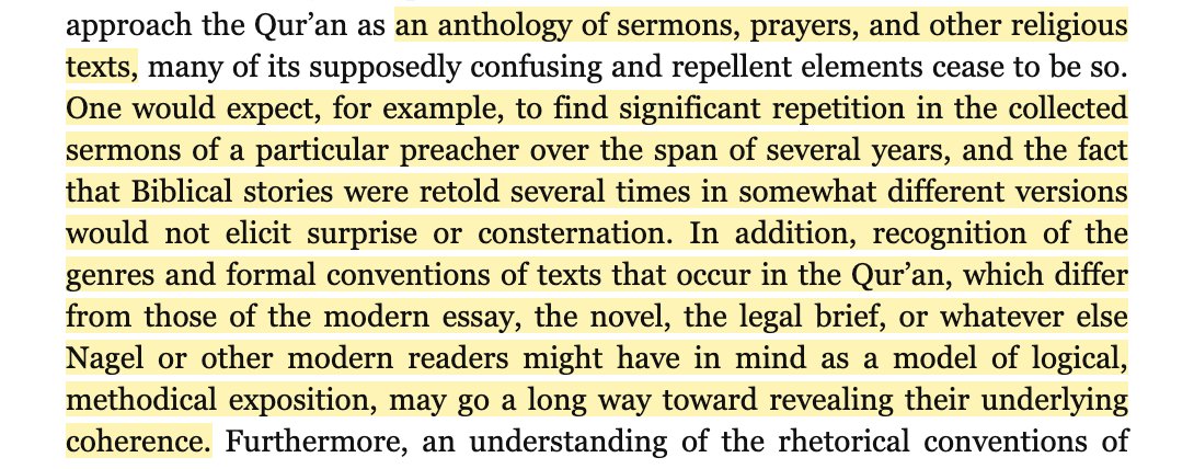 Stewart also on the genre of the Quran itself — it is not a world history or Islamic Gospel (for that look to Ibn Ishaq), but rather an “anthology of sermons, prayers, and other religious texts ... the collected sermons of a particular preacher over the span of several years.”