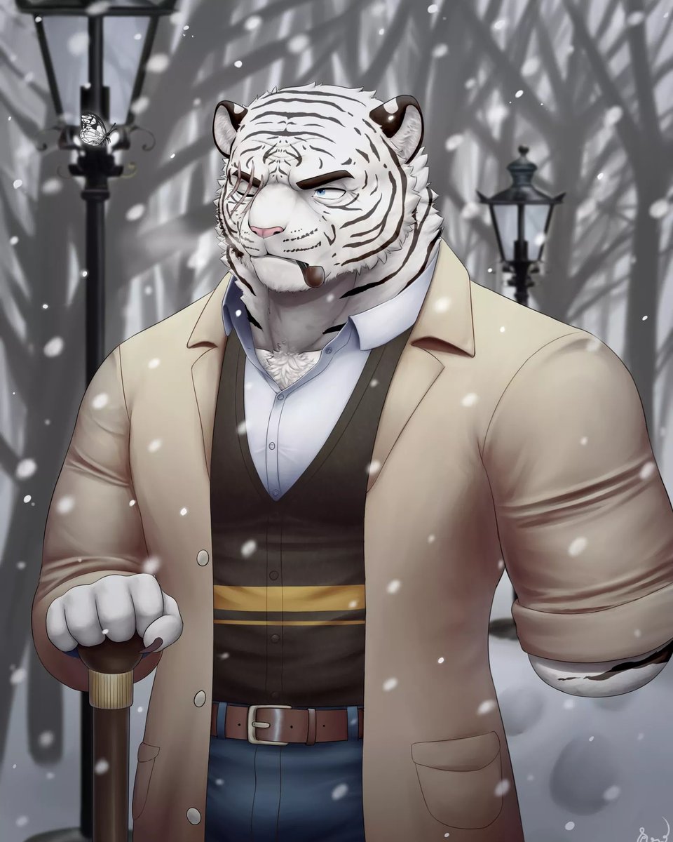 swhoup's tweet photo. "Butterfly in the winter? That's odd" 
First art fir this year with this uncle white tiger and his name is John!! (I don't know how to name him perfectly so) he will join as istp of mbti
.
.
Result of me who don't know how to draw folds of clothes properly... https://t.co/H0KANohFkG