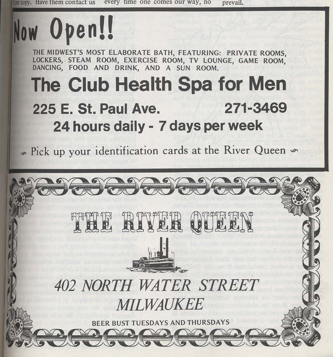 The Club Health Spa advertised itself as "the Midwest's most elaborate bath, featuring private rooms, lockers, steam room, exercise room, TV lounge, game room, dancing, food and drink, and a sun room." Most remarkable, all of this was housed in a quiet, midblock building. (2/)