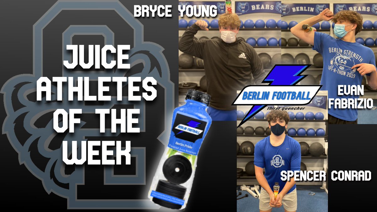Berlin_Bears_FB's tweet photo. Hard work continues to pay off! Bryce, Evan and Spencer took it to the next level in the weight room this week. Congratulations to our Juice Athletes of the Week! Keep bringing the Juice! #Local3140 https://t.co/cmTk1WNTcD