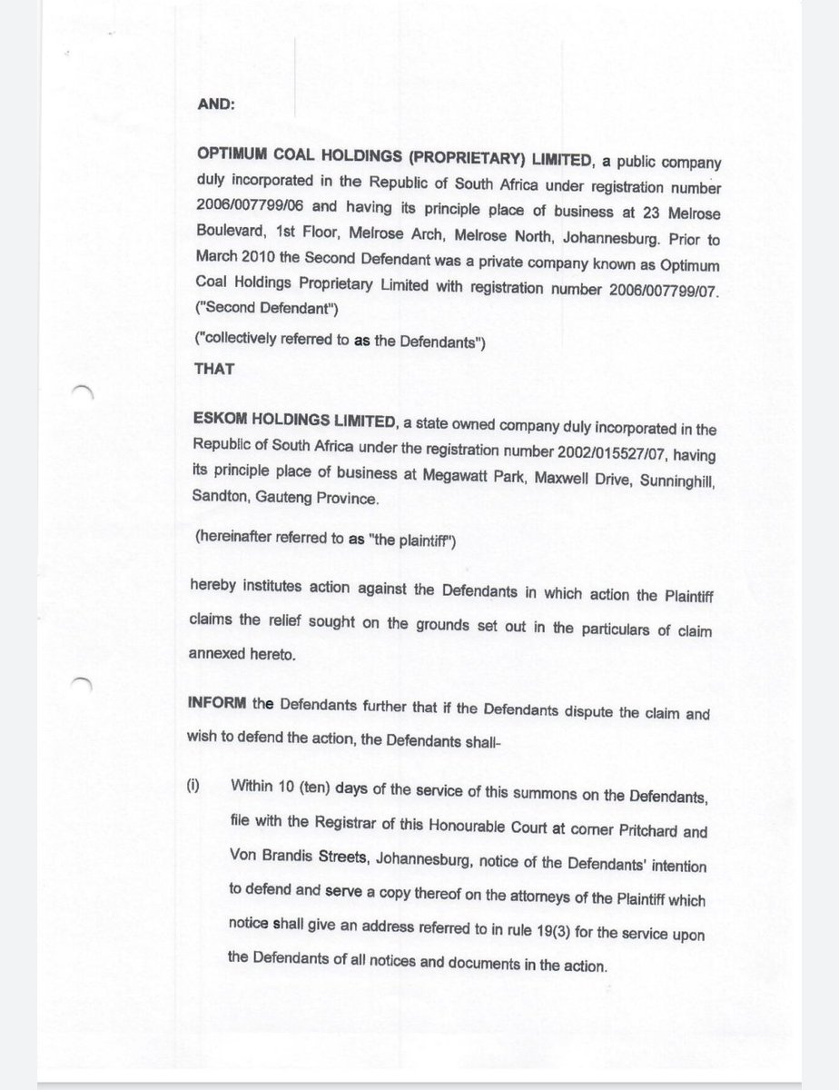On 16 July 2015  @Eskom_SA served a letter of demand on Optimum demanding payment in the amount of R2.18 Bn.Optimum refused to comply & refused to arbitrate as well.On 5 August 2015 Eskom instituted civil action against Glencore. Summons were served.