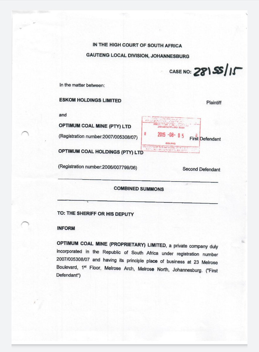 On 16 July 2015  @Eskom_SA served a letter of demand on Optimum demanding payment in the amount of R2.18 Bn.Optimum refused to comply & refused to arbitrate as well.On 5 August 2015 Eskom instituted civil action against Glencore. Summons were served.