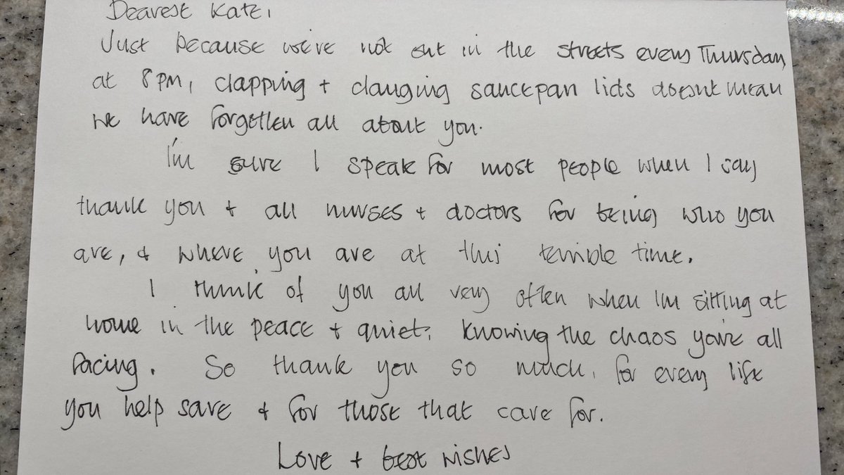 TantamKate's tweet photo. I came home from work yesterday &amp; found this note from my neighbour....
 
Then today other neighbours popped by with 6 huge bags of packaged snacks for the teams @UHP_NHS 

#LittleThingsAreActuallyTheBigThings 
#DontClapJustStayHome 
💙💙💙 https://t.co/76rkOjlICc