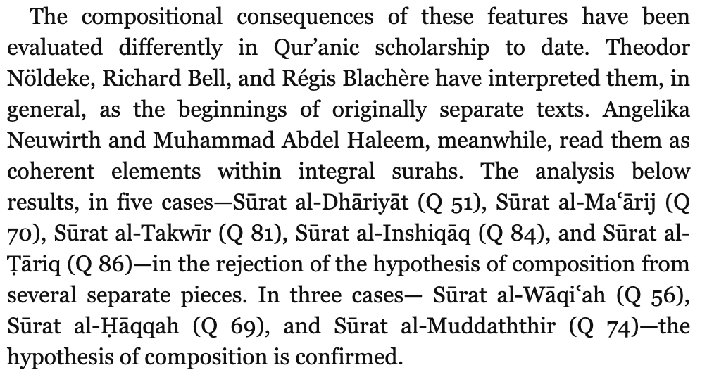 He gives his take on the structure/purpose/genre of Quranic oaths, and based on this analysis determines whether specific oath-containing surahs are composite (the conclusion: some are, some aren’t).