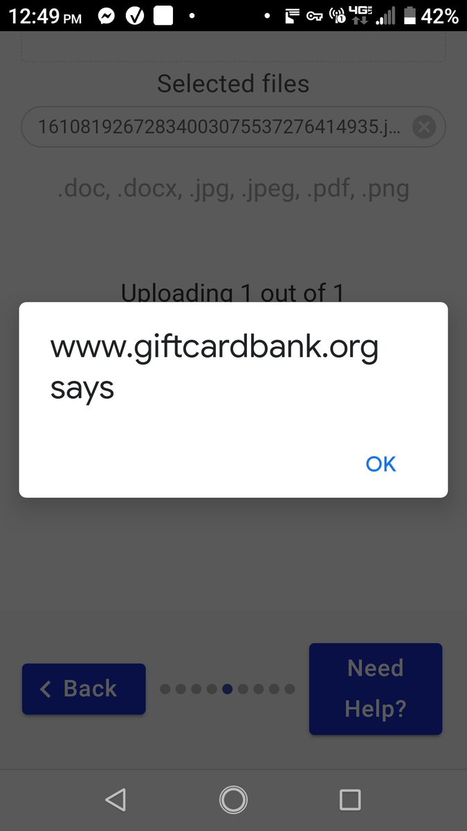 Trying to apply but I get a message after uploading proof and can't proceed. giftcardbank.org/recipient/apply