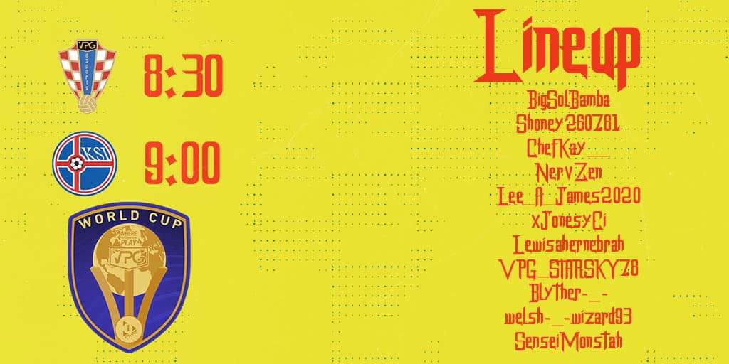 Here it is! The official lineup for tonight’s fixtures in the <a href="/OfficialVPG/">Virtual Pro Gaming</a> World Cup! Looking for our first points in the groups🐑good luck to both teams tonight🤝 GFX done by the one and only <a href="/ShayQ__/">Shay🍀</a> 🏴󠁧󠁢󠁷󠁬󠁳󠁿❤️