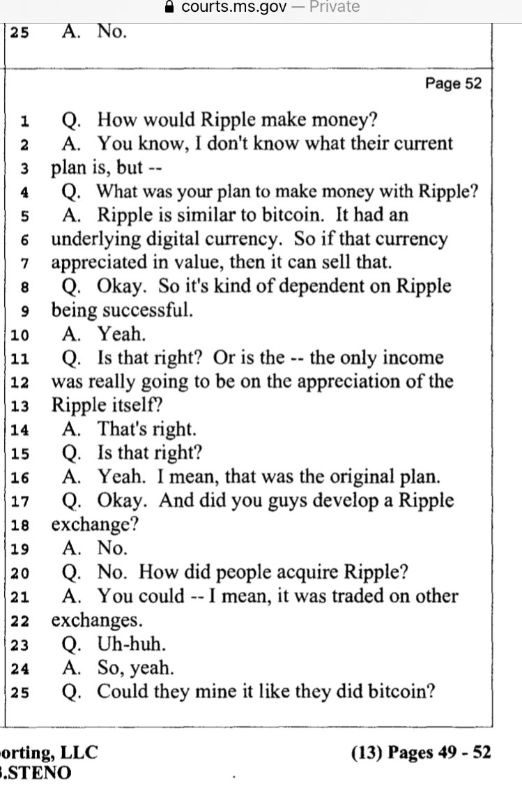 <a href="/MSchmid06/">Michael S</a> @AEserpente <a href="/JTheAccountant/">James Yochum, CPA</a> @DrSchwartzXRP <a href="/incognitvs3/">Incognitvs</a> <a href="/leonchessping/">Léon ♞ 🏓 ☀️</a> @benmickcom <a href="/SocratesFin/">Socrates</a> <a href="/HaraldoXRP/">Harry 🪝🏴‍☠️</a> <a href="/Santiag78758327/">Santiago Velez ☀️ 💧🏴‍☠️🪝🌊⚒️</a> <a href="/coloradotravis/">coloradotravis</a> This is from a court deposition that Jed gave.