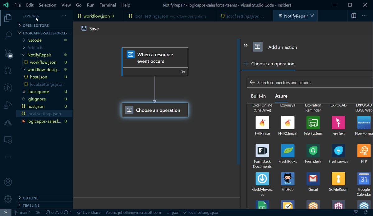 jeffhollan's tweet image. The new designer for @logicappsio, being able to build it using a visual designer in @code, leveraging 300+ connectors... this is one of the most amazing serverless tools around