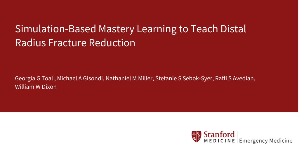 Simulation-Based Mastery Learning to Teach Distal Radius Fracture Reduction

@MikeGisondi <a href="/StefSebok/">Dr. Stefanie Sebok-Syer</a> @wdixon1487 et al evaluate the effectiveness of this method in teaching to novice ortho surgery and EM residents.

ow.ly/LGtv50D9Y1J