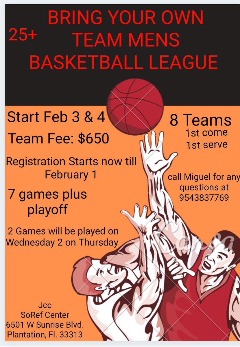 crystal46148276's tweet photo. #mensbasketballleague #basketball #browardcounty #plantationfl #basketballleague #jccsoref #25AndUp #mensdraftleague #BringYourOwnTeam #SignUp #Registration #Miguel #broward #dadecounty #dade #sundayleague.      

If interested send me a dm or call the 954 number. Ask 4 Miguel https://t.co/AIulULRf4s
