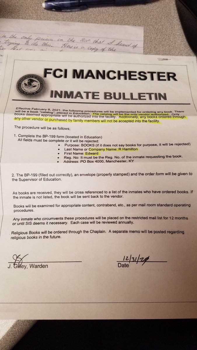 Hey, <a href="/prisonlegalnews/">Prison Legal News</a>, Have you heard the news about FCI Manchester's new plan to only allow people to order from a BOP-chosen book catalog? This is bad news. If prisoner 'circumvents' this policy, they get on restricted mail list for 12 months!