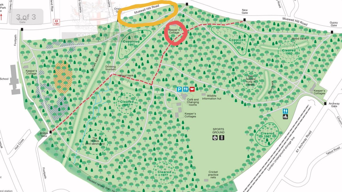 Marrrkw's tweet photo. @HarringayBirder @birdingetc @OSimmsBirding @LondonBirdClub I think the keeper's cottage is the one circled in red. I saw one today in a mixed flock in the yellow circle. https://t.co/WFd9Y4WkeB