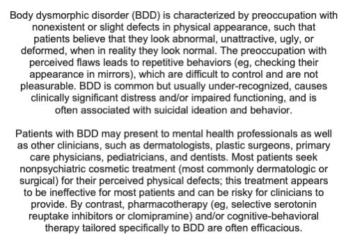 sclmaorg's tweet image. Dr. Katherine A Phillips released literature August of last year on the assessment, diagnosis and differential diagnosis of body dysmorphic disorder. If you want to read more and have access to UpToDate, Dr. Phillips’ literature is the first to appear if you search BDD! 📚