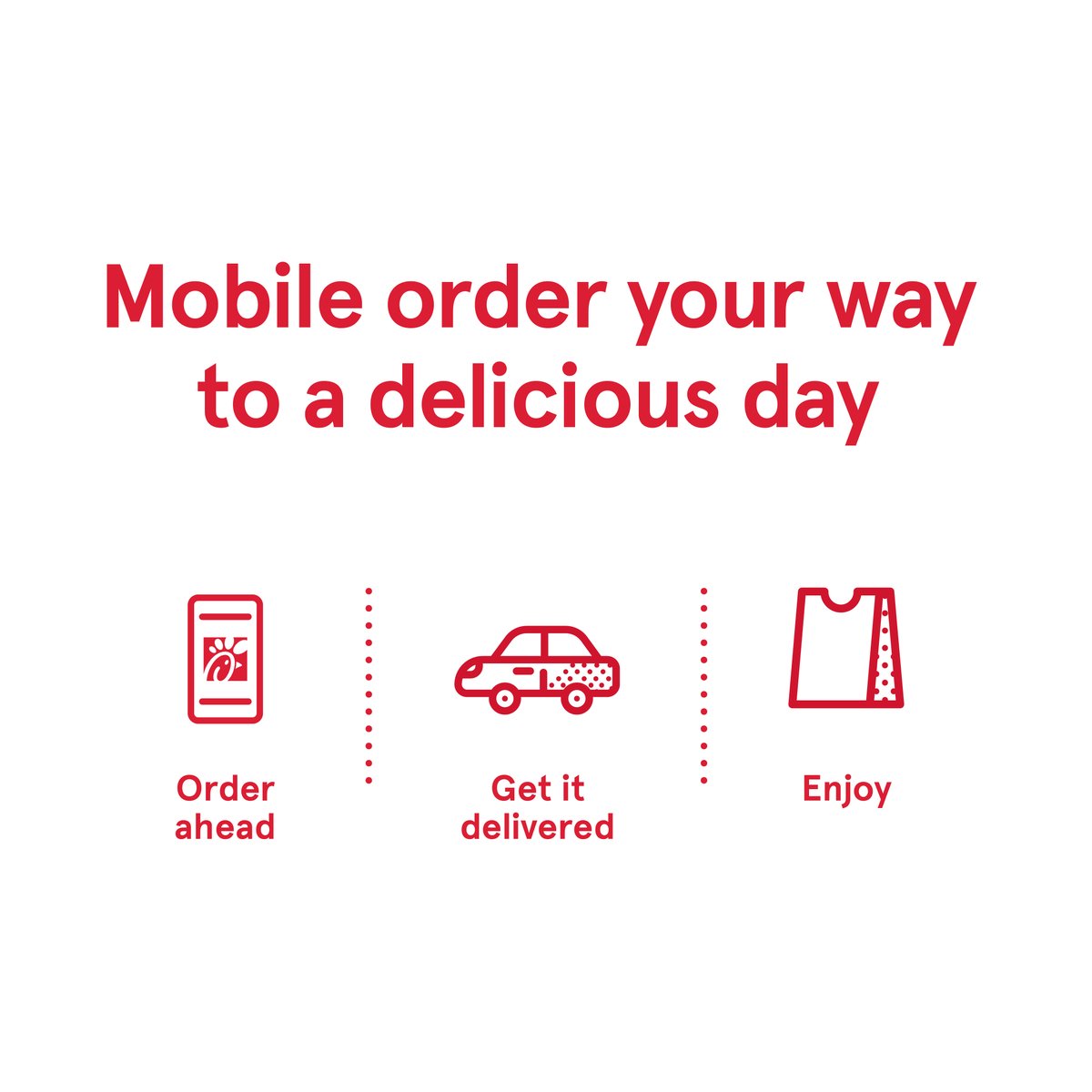 You’re a few taps away from a delicious day. Order ahead through the Chick-fil-A App and choose pick-up or delivery!