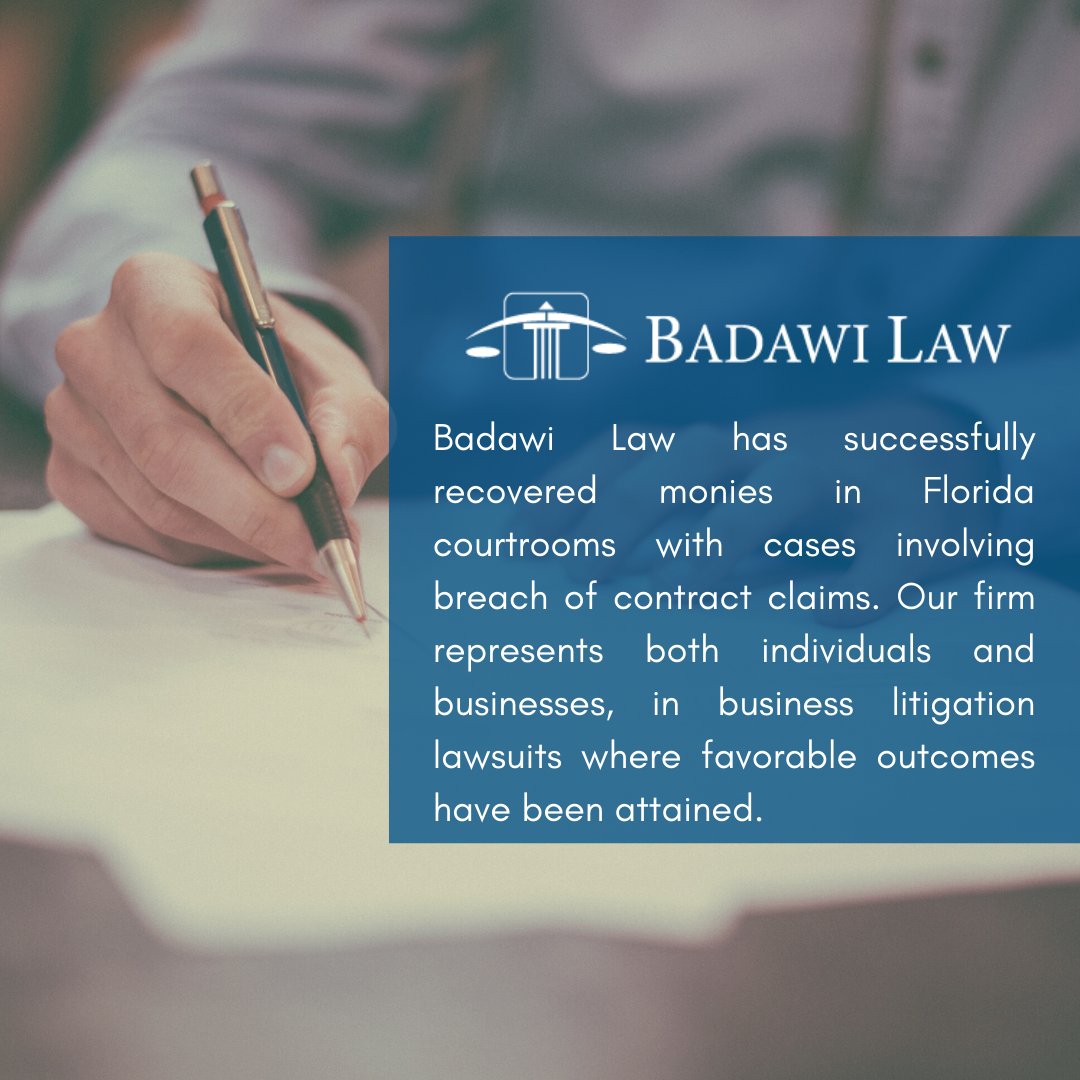 BadawiLaw's tweet photo. Badawi Law has successfully recovered monies in Florida courtrooms with cases involving breach of contract claims. Our firm represents both individuals and businesses, in business litigation lawsuits where favorable outcomes have been attained.
#tampalawyers #floridalawyers https://t.co/VH3PELsM5j