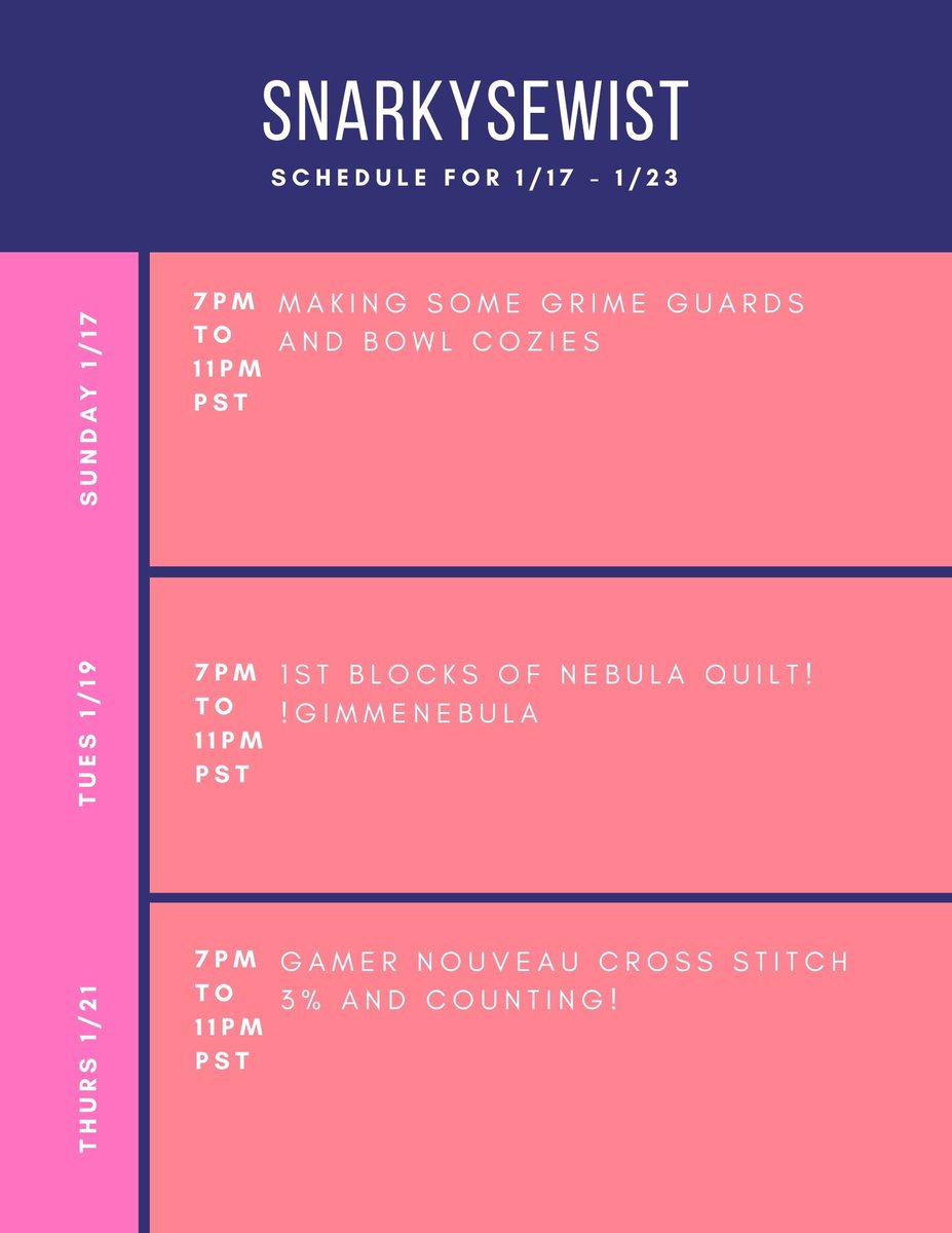 SnarkySewist's tweet photo. Schedule for this week! #TwitchStreamers #DIY #snarkysewist https://t.co/mwDWLZs5hh