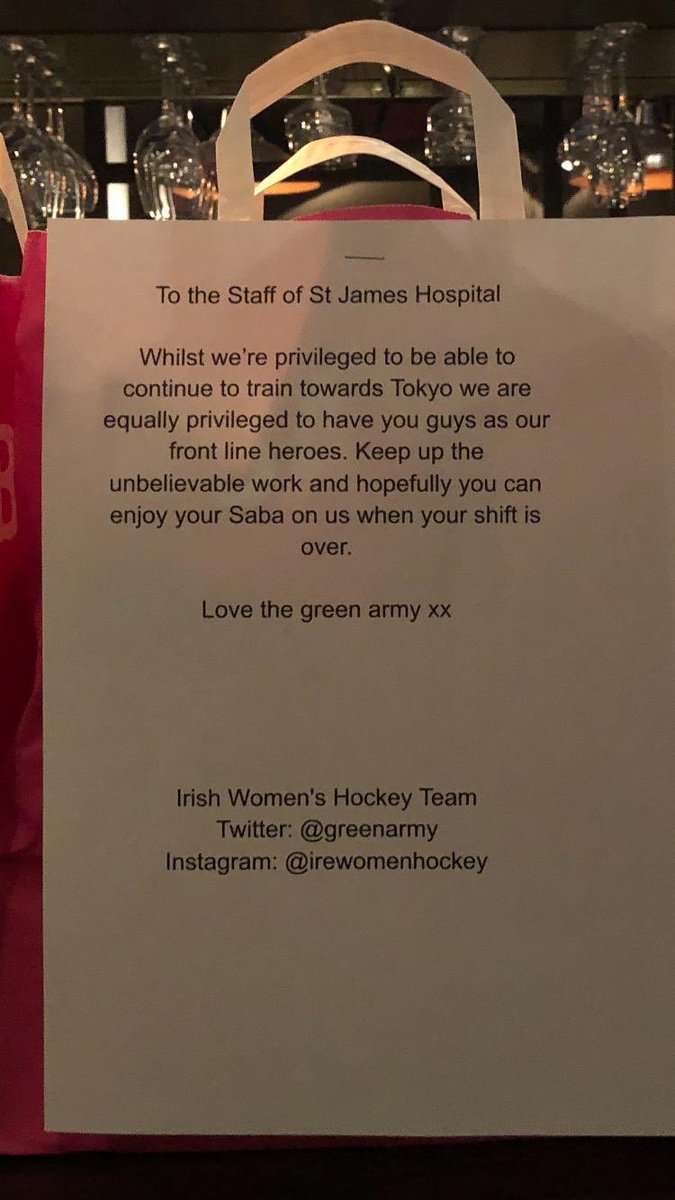 IreWomenHockey's tweet photo. After a collection yesterday during our training camp, it was a pleasure for us to partner with @SabaToGo to provide some grub for the amazing ICU staff in St James &amp; St Vincent’s hospital. Thank you Saba for matching our donation!

We’re indebted to all our front line workers ❤️ https://t.co/3HGwSltq3w