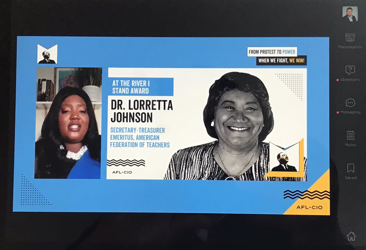 profe_c's tweet photo. Congrats Dr. Lorretta Johnson @LorrettaJohnson on receiving the “At the River I Stand” Award at 2021 @AFLCIO MLK Conference From Protest to Power, When We Fight We Win! For your 54yrs commitment to the fight & struggle that has strengthened the labor movement. #MLK #MLKConf https://t.co/XBUw25zyRR