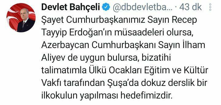 Gulara1985's tweet photo. 🇹🇷Türkiyənin Millətçi Hərəkat Partiyasının sədri Dövlət Bahçeli:

Esas hedefimiz Şuşada doqquz siniflik ibtidai məktəbin inşasıdir. https://t.co/e946jNqHEU