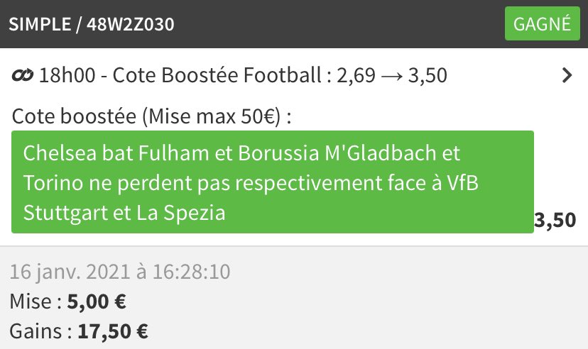 WypfPronos's tweet photo. Janvier - #Pick63 🔖

• Chelsea ✅
• Gladbach / X ✅
• Torino / X ✅

📈 Côte : 3.50 ✅ | 💶 Mise : 0.5%

Très belle value ici de prise, on enchaine avec ces côtes boostées qui nous réussissent bien.

RT &amp; ❤️ si tu soutiens ! 🙏🏼

#TeamParieur https://t.co/UXi3rxEbNx