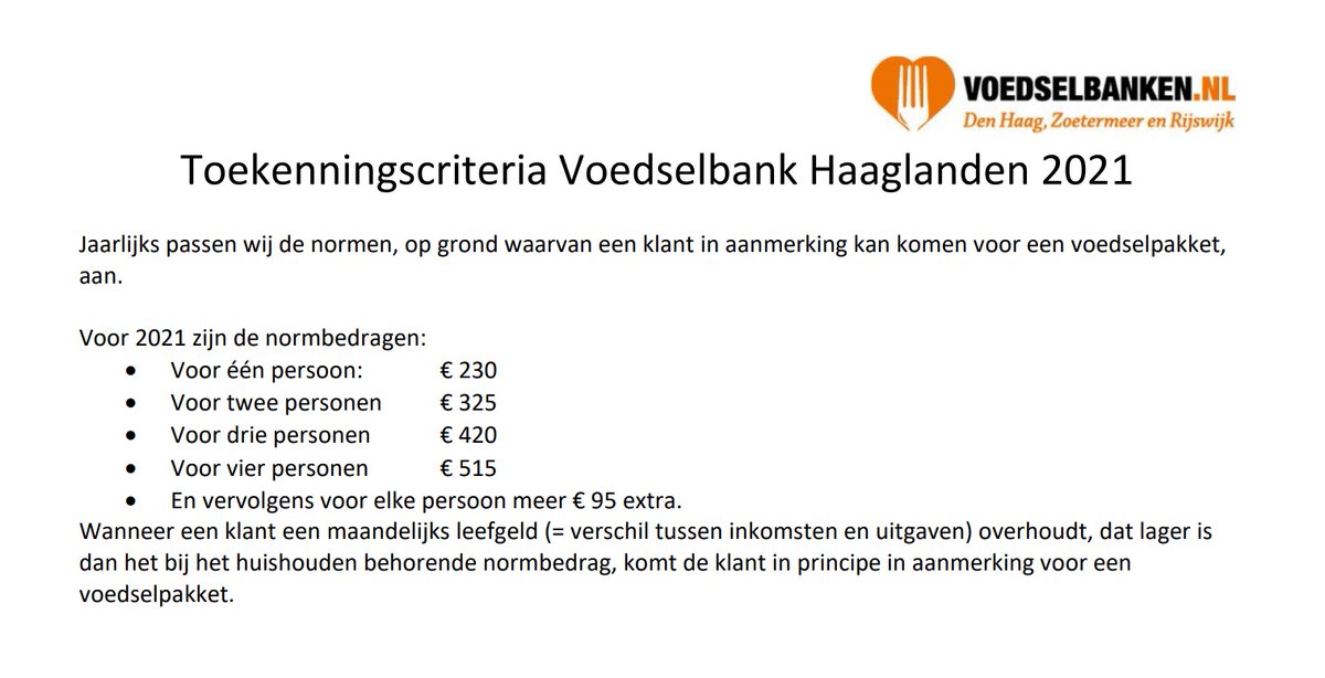 Op onze website zijn de normen voor 2021 gepubliceerd: voedselbankzoetermeer.nl/documentatie-d…. De financiële normen zijn gelijk gebleven aan 2020; wel zijn enkele vastgestelde normbedragen iets verhoogd, waardoor de klanten iets eerder in aanmerking komen voor een voedselpakket. #Voedselbank