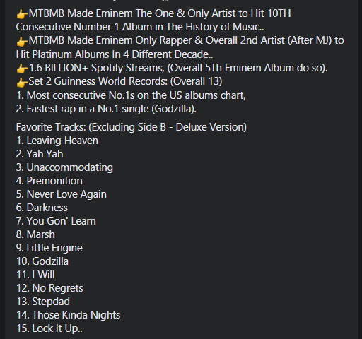 Didar7Stan's tweet photo. Happy First Anniversary of Music To Be Murdered By🔥🔥
11TH Studio Album By @Eminem🐐
🔥
🔥
🔥
🔥
#Eminem🐐
#MusicToBeMurderedBy🔥
#MTBMB🔥
#StreamMTBMB🔥
#FirstAnniversary📅 https://t.co/XW6VRST9pJ