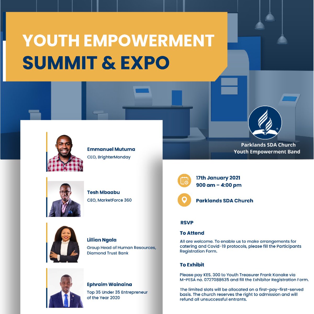psdaempowerment's tweet photo. You are welcome to the #ParklandsYouthExpo at Parklands SDA Church tomorrow. Lots of goodies to be exhibited, and great speakers lined up to talk about career progression and business development.

Register for free: https://t.co/DLti4c5Lit
Map: https://t.co/FDADDquE0a https://t.co/wAMKg5bnWt