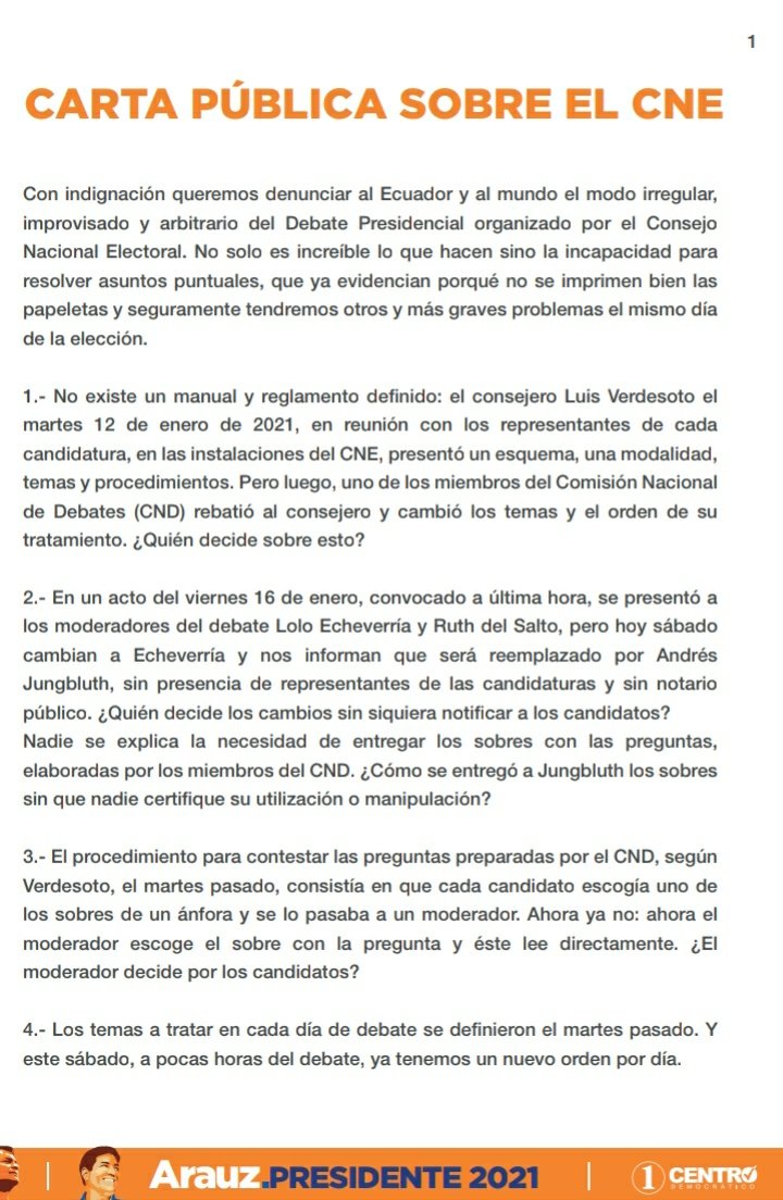 ecuarauz's tweet photo. Denuncio al mundo las irregularidades del CNE en la organización del Debate Presidencial, prueba de la poca responsabilidad para afrontar con eficiencia un evento central del proceso electoral

Aquí nuestra postura y reclamo: https://t.co/SgvBW8R8yA