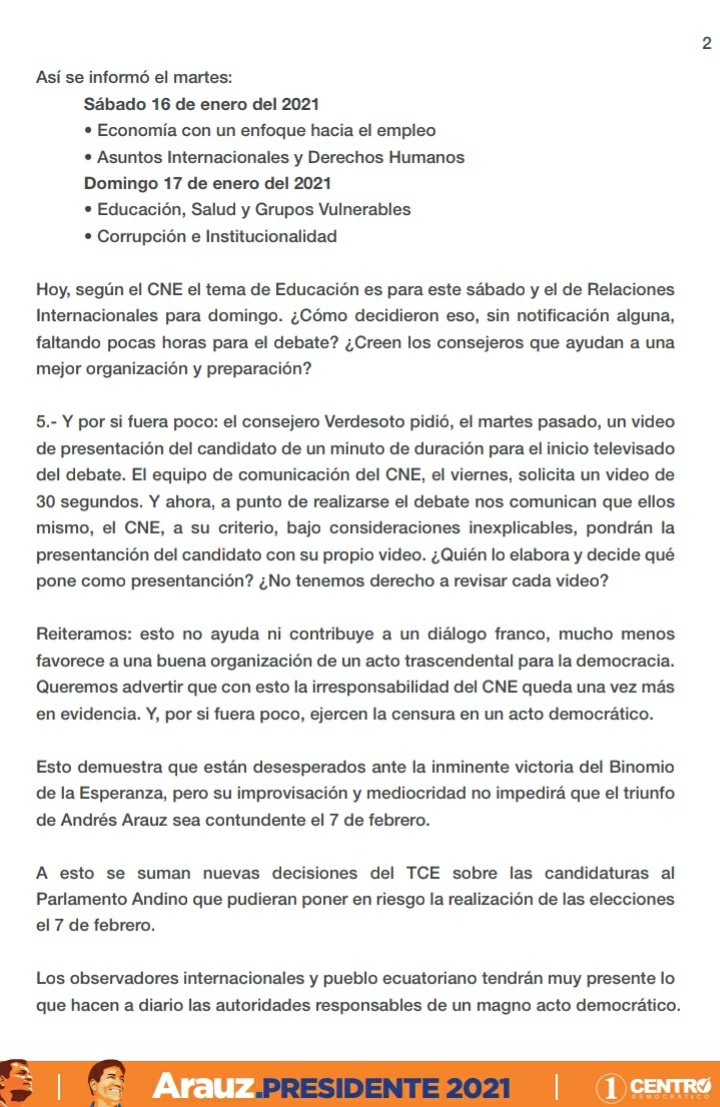 ecuarauz's tweet photo. Denuncio al mundo las irregularidades del CNE en la organización del Debate Presidencial, prueba de la poca responsabilidad para afrontar con eficiencia un evento central del proceso electoral

Aquí nuestra postura y reclamo: https://t.co/SgvBW8R8yA