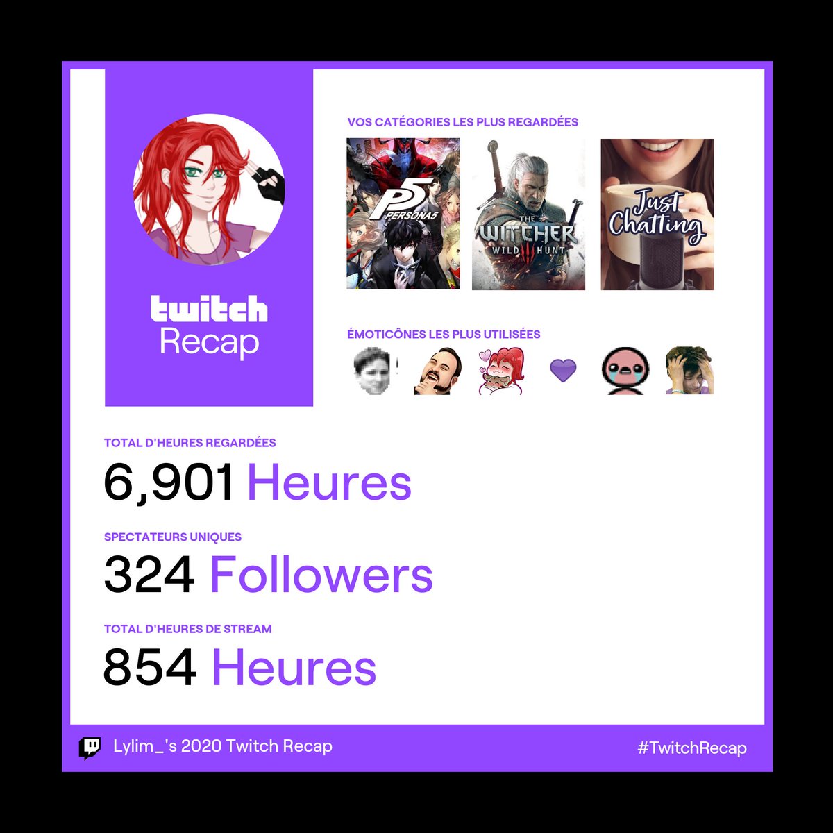 _Lylim_'s tweet photo. Allez, moi aussi je vous partage mon #TwitchRecap2020 😊
Le stream aura été ma meilleure expérience et ma meilleure découverte de ces dernière années 🥰
Merci à tous de votre présence et de votre soutien, vous avez embellie mon année 2020🥺
Du fond du cœur, merci💜 https://t.co/P2T2kwKdHn