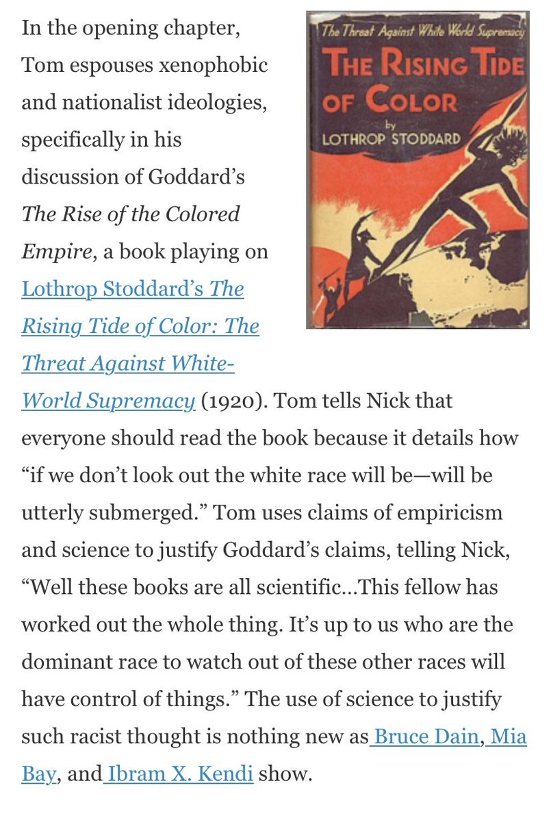 I’m not a rabid fan of The Great Gatsby, but one thing that marked it as masterful is the way it aggressive walled off the figure of the American white supremacist in his own sci-fi world. Tom Buchanan is basically inadmissible to the moral order of the book.