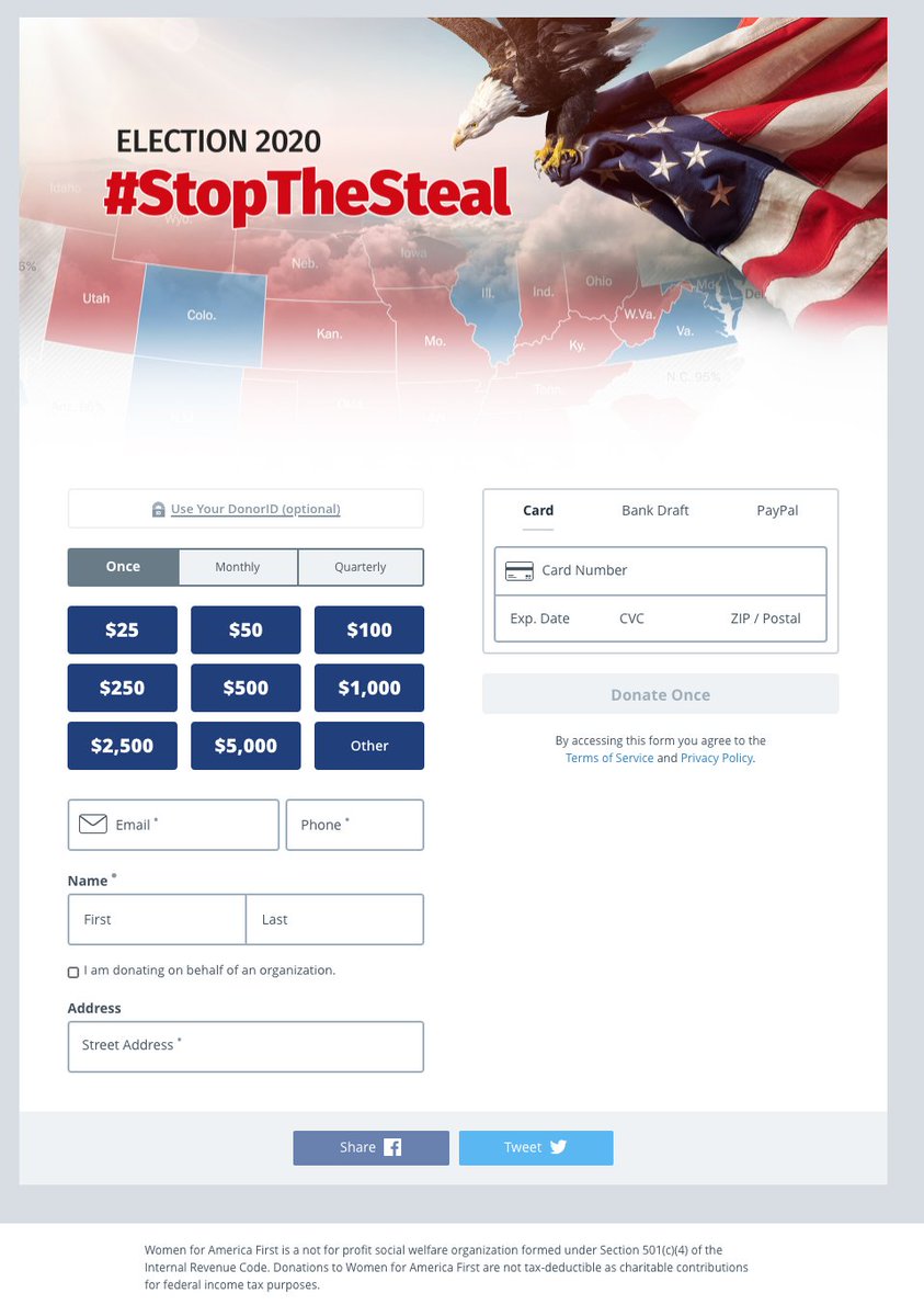  @AmyKremer's tax-exempt org Women for America First is still using  #StopTheSteal hashtag to solicit donations. On the website  http://stolenelection.us&nbsp;, a link saying "Click here to donate what you can," directs to a Women for America First fundraising page.