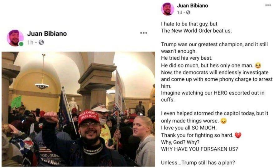 ARRESTED: Jack Jesse Griffith, 25, also known as Juan Bibiano on Facebook, from Gallatin, Tennessee. “I even helped stormed the capitol today, but it only made things worse.”  https://www.justice.gov/file/1355781/download