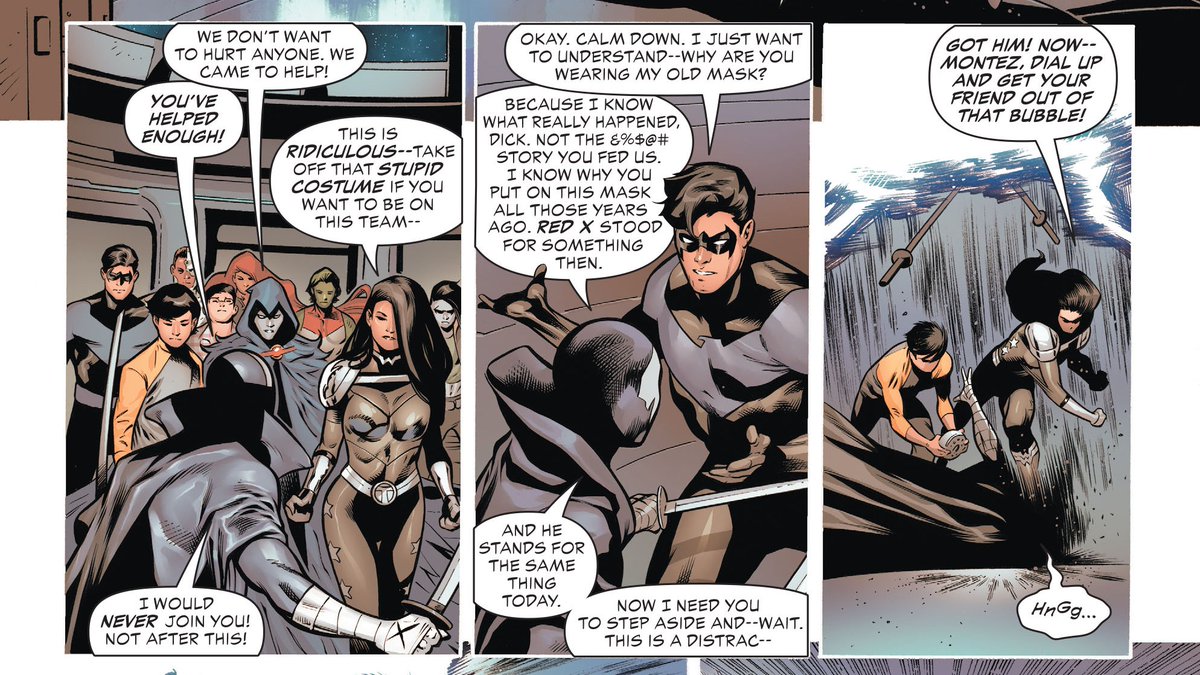 Reading this, I got the impression that this is the first time the new Red X has used the suit. Or at least one of the first times and this is him being outed by the Titans.And we know Red X will appear early on in Titans Academy so this can be inferred that this is around that