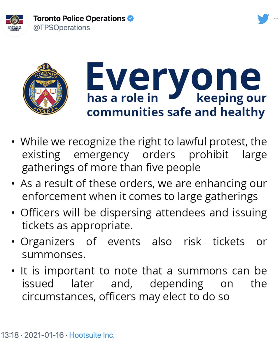 PoliceOnGuard's tweet photo. Disturbing videos have emerged of protesters being arrested &amp; dispersed across downtown Toronto.

To be clear, protesting is a fundamental freedom guaranteed under our Charter of Rights.

The Reopening Ontario Act does not suspend the right to protest.

#RememberYourOath https://t.co/1s3TOxu7G1