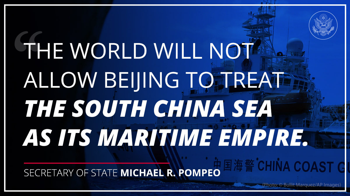 SecPompeo's tweet photo. For the first time ever, the U.S. government openly declared the CCP’s claims in the South China Sea “completely unlawful” and sanctioned more than 20 PRC companies for aiding PRC’s maritime claims. https://t.co/Pf77wXvMBu