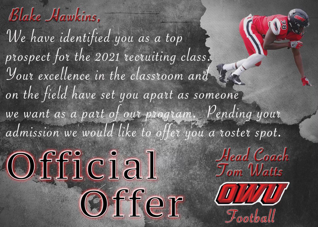 BlakeHawkins22's tweet image. Honored to receive an offer from Ohio Wesleyan University🔴⚫️ @OWUFB @CoachTomWatts