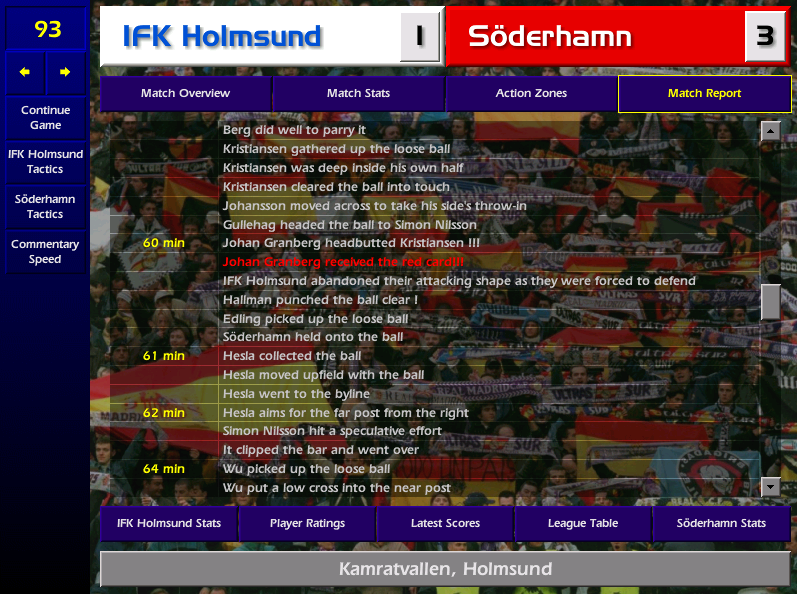 Again unable to name a full bench due to Ola's inability to find players, we set out to maim the opposition with our hard tackling! Granberg loses his head, quite literally butting Tommy K - what a start to the season