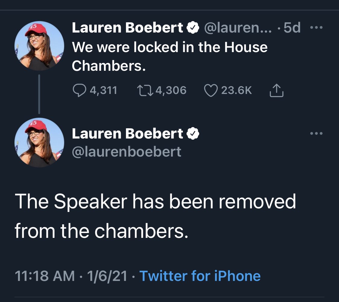 Lauren Boebert tweeting details of Pelosi’s whereabouts during the insurrection.
