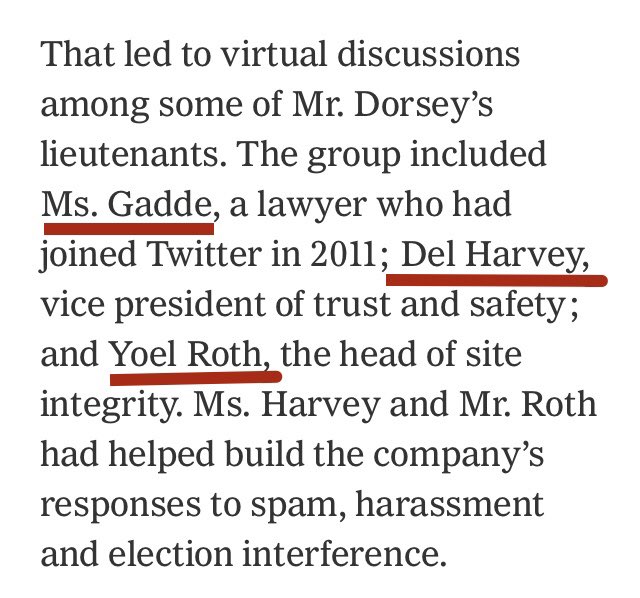 Excellent timeline on Twitter’s decision from  @nytimes  @kateconger  @MikeIsaac. Compare Twitter’s counsel for decision-making to my thread  and it becomes clear how Facebook steers towards political winds rather than than public safety.  https://www.nytimes.com/2021/01/16/technology/inside-twitter-decision-trump.html