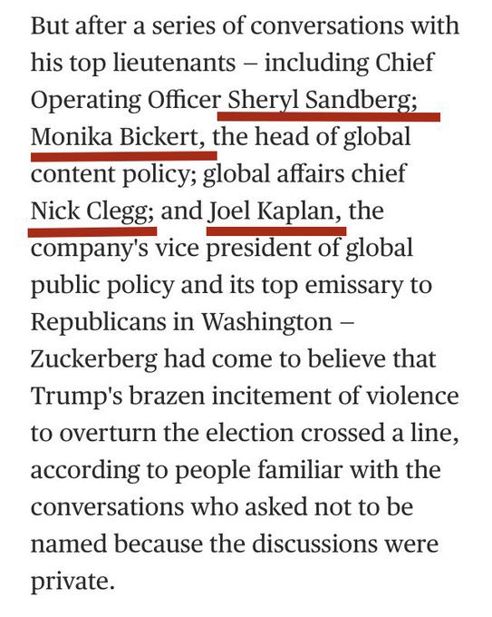 When Facebook CEO Zuckerberg moderates Trump, he gets counsel from execs reporting through PR and lobbyists. When Twitter CEO Dorsey moderates Trump, he gets counsel from content safety and integrity execs and intentionally does NOT consult with PR or Govt relations execs. /13