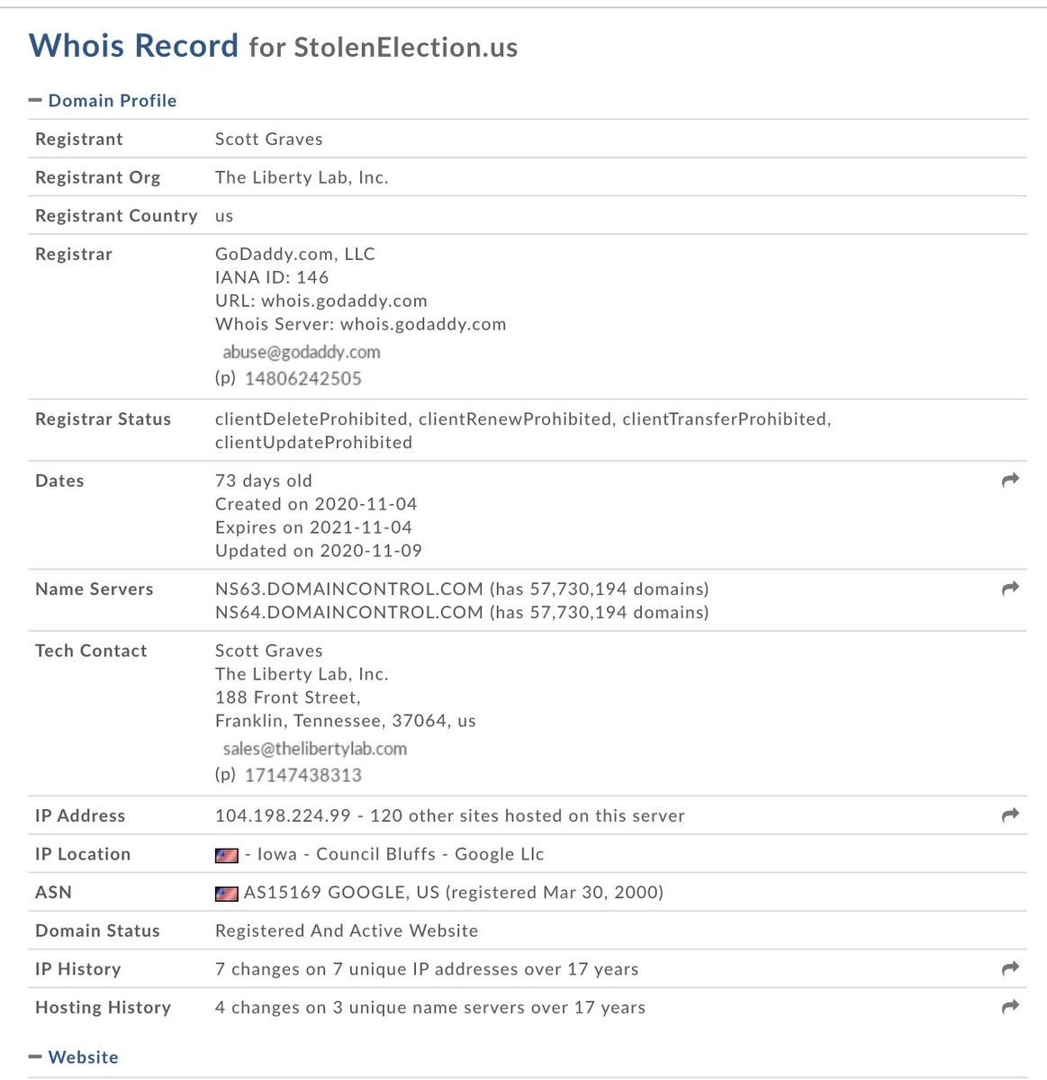 Why is  @GoDaddy hosting Amy Kremer's  #StopTheSteal page at  http://stolenelection.us&nbsp;? It's a fundraising site for  @AmyKremer's nonprofit Women for America First, the permit-holder for the January 6th assault on the U.S. Capitol. No profit-for-terrorism. Remove these sites  #GoDaddy