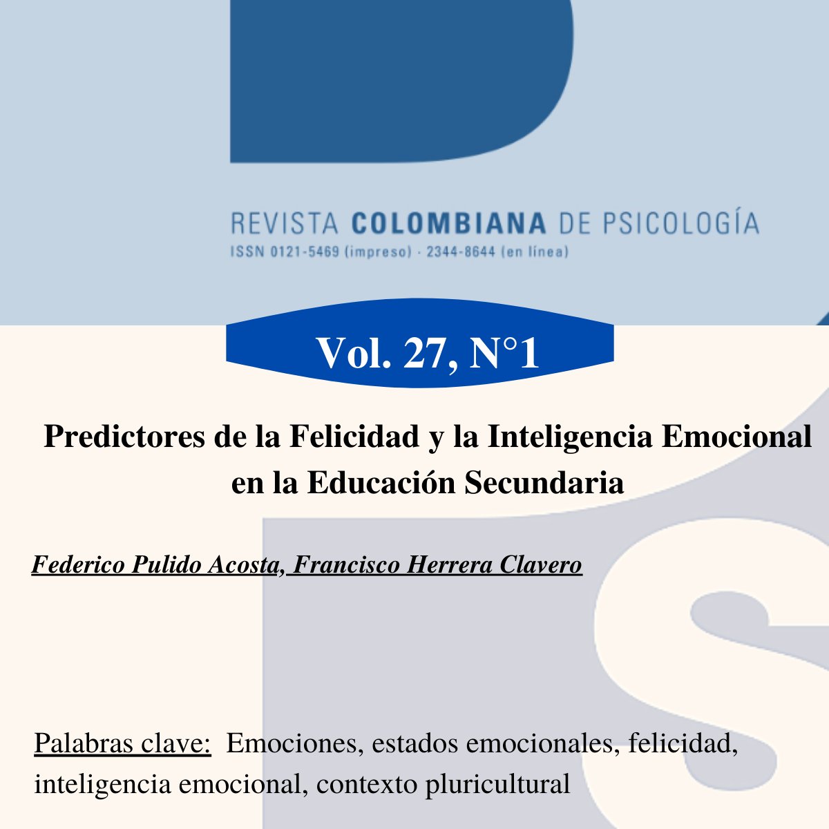 Centro Editorial FCH (@editorial_fch) on Twitter photo #Mequedoencasaleyendo
🤓Invitamos a leer “Predictores de la Felicidad y la Inteligencia Emocional en la Educación Secundaria", incluido en el El Vol. 27 Núm. 1 del 2018 de
<a href="/RevPsicoCol/">Revista Colombiana de Psicología</a>👇
💻bit.ly/3qlnobM #Mequedoencasaleyendo
🤓Invitamos a leer “Predictores de la Felicidad y la Inteligencia Emocional en la Educación Secundaria", incluido en el El Vol. 27 Núm. 1 del 2018 de
<a href="/RevPsicoCol/">Revista Colombiana de Psicología</a>👇
💻bit.ly/3qlnobM
