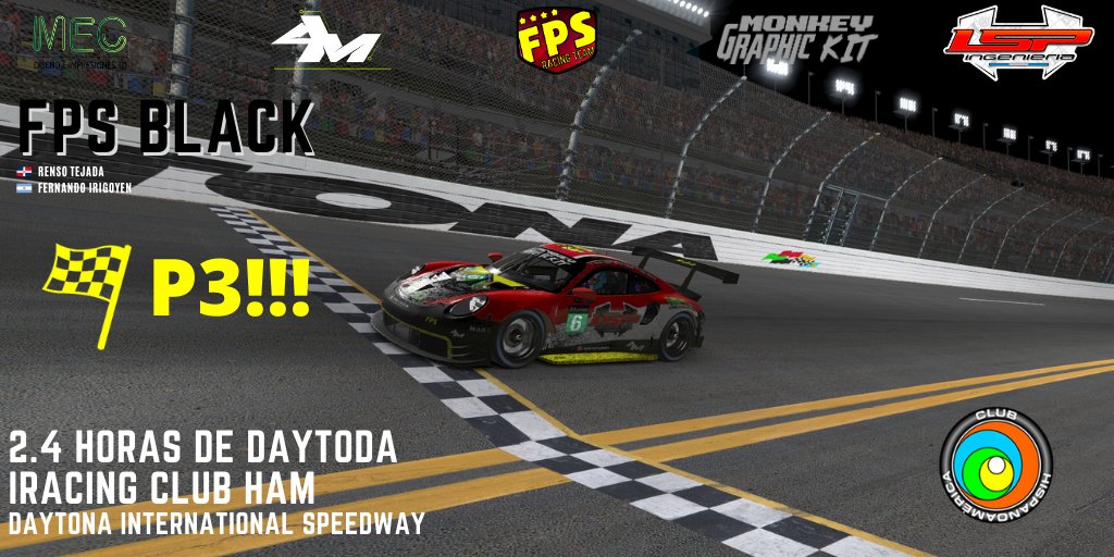 FPS_Racing_Team's tweet photo. 🏁PODIO!!!!!!🏁
P3 en las 2.4 h. de Daytona de @iRacingClubHAM.
Carrerón de nuestros pilotos @RensoTG y #FerIrigoyen, quienes Clasificaron P3 y no soltaron esa posición hasta la 🏁.
Más que preparados para las 24 horas.
#VamosFPS
Sponsors:
#Mec3d
#AMePhoto
#LSPIng
#MGkit https://t.co/ZRVExqUxRl