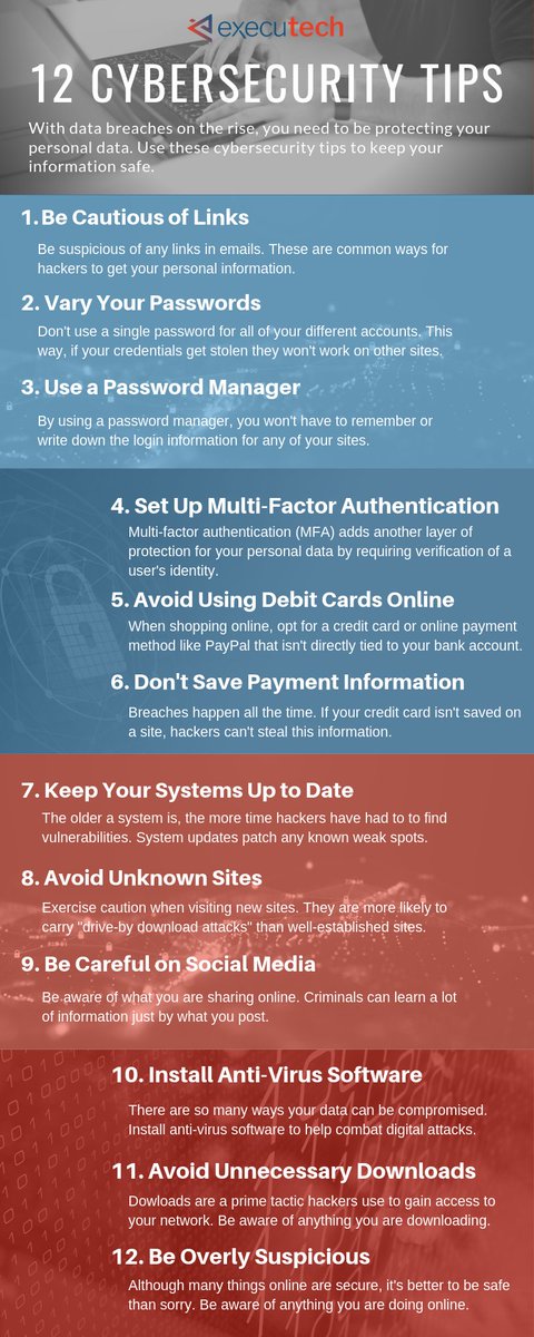 CioAmaro's tweet image. 12 Easy Cybersecurity Tips to Better Protect You Data by Executech
#Infosec #CyberSecurity #CyberAttack #Hacking #Privacy #Threat #Malware #Ransomware #Cyberwarning #Phishing #SpyWare #Tech #Technology