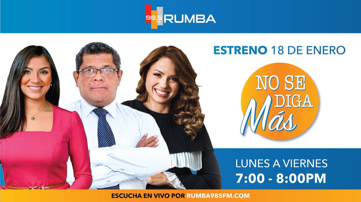 No te pierdas este lunes 18 de enero el estreno de "No se diga Más" un espacio estelar protagonizado por <a href="/nairobiviloria/">Nairobi Viloria</a> <a href="/lorennapierre/">Lorenna Pierre</a> <a href="/alexbarrios01/">Alex Barrios</a> de 7:00pm - 8:00pm por <a href="/rumba985fm/">Rumba FM</a> de lunes a viernes.
 
Escucha en vivo a través de: Rumba985fm.com

#RCCMedia