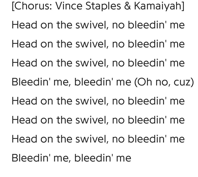 Despite the intro of the track being another goofy radio ad, the album most definitely takes a darker turn, given Vince’s lyrics in the track. The hook of the track (image 2) illustrates needing to always stay alert, for if you don’t there can be grave and dangerous consequences.