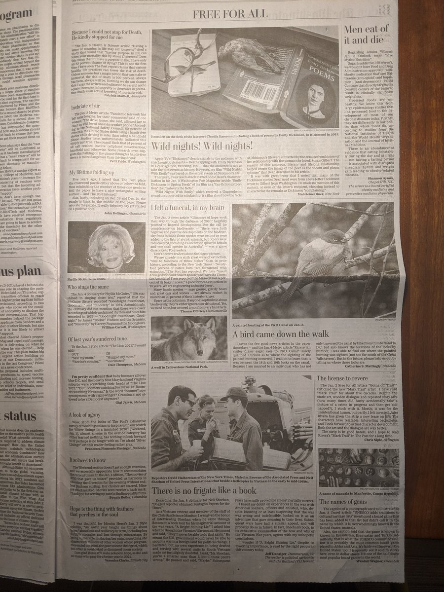 AlecMacGillis's tweet photo. OK, who else noticed that every single headline on today's WaPo Saturday letters page is an Emily Dickinson quote? Nicely done, editors. https://t.co/k9QxphPnn6