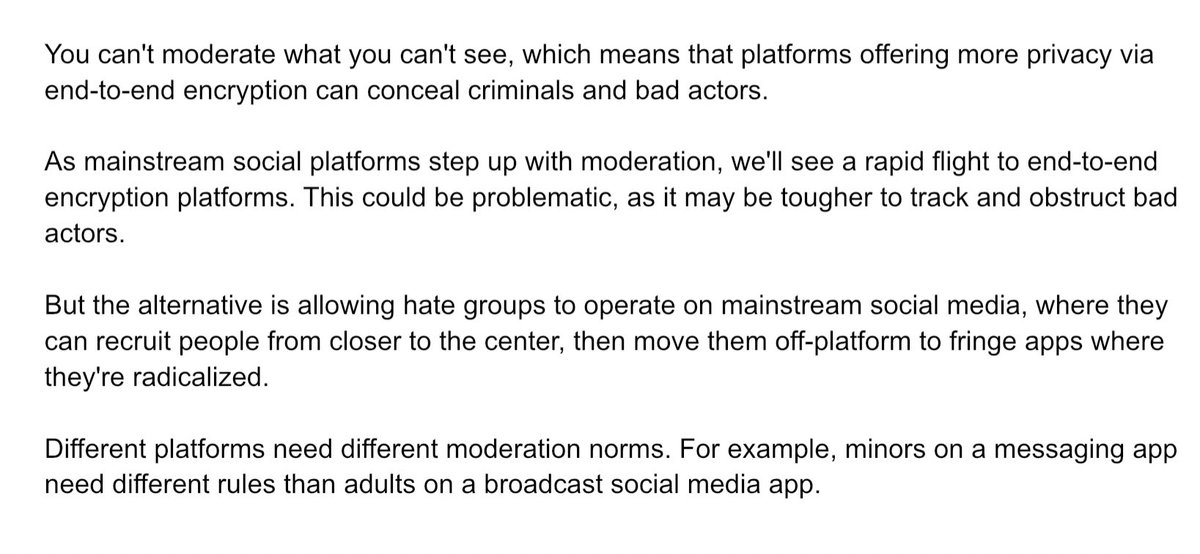 I asked 6 moderation experts to debate the tradeoffs of deplatforming Trump.The conclusion? Banishing him to fringe apps makes his extremist followers tougher to trackBut the bigger threat is on Fb & Twitter, he could radicalize mainstream users.Here’s aof takeaways. 1/