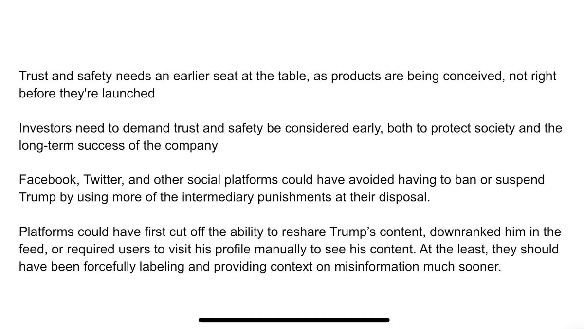 Downranking, no resharing, no feed postingSocial apps should have used smaller punishments sooner to curb Trump’s incitement of violenceThe ban came after the damage was done. 3/